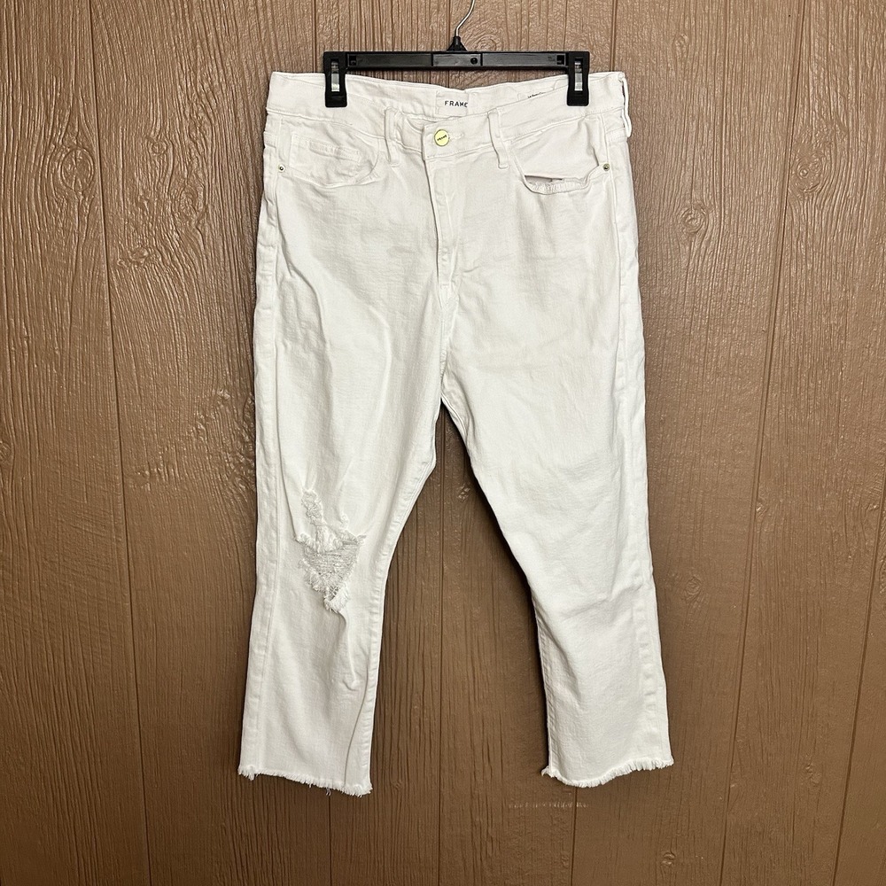 Frame Women's Size 32 White Le Beau Crop Denim Ripped Frayed Jeans‎ Distressed